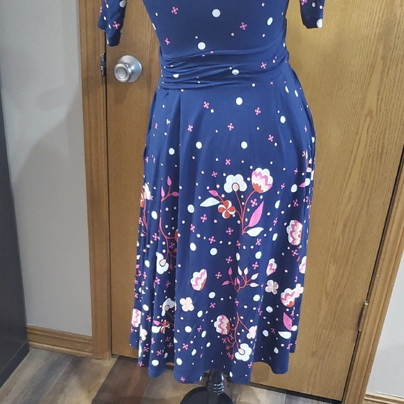 Boden Blue and Pink Floral Faux Wrap Midi Dress - Picture 6 of 9